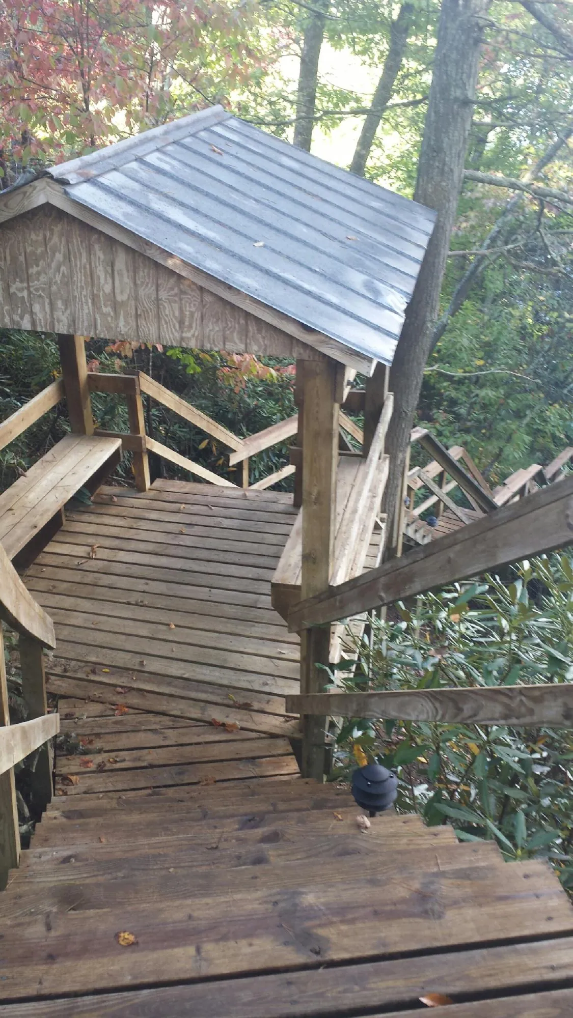 Metal roofed shelter over wooden steps on a wooded walkway — Skylight Repair & Installation work by our crew in Roanoke